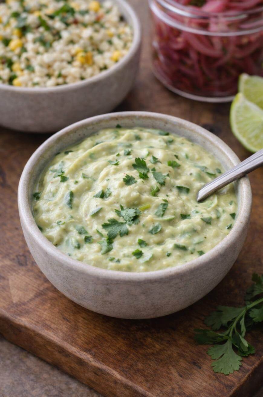 A ceramic bowl filled with creamy green avocado sauce garnished with chopped cilantro, with a spoon inside. In the background are a bowl of corn salad, a jar of pickled onions, and lime wedges on a wooden surface.