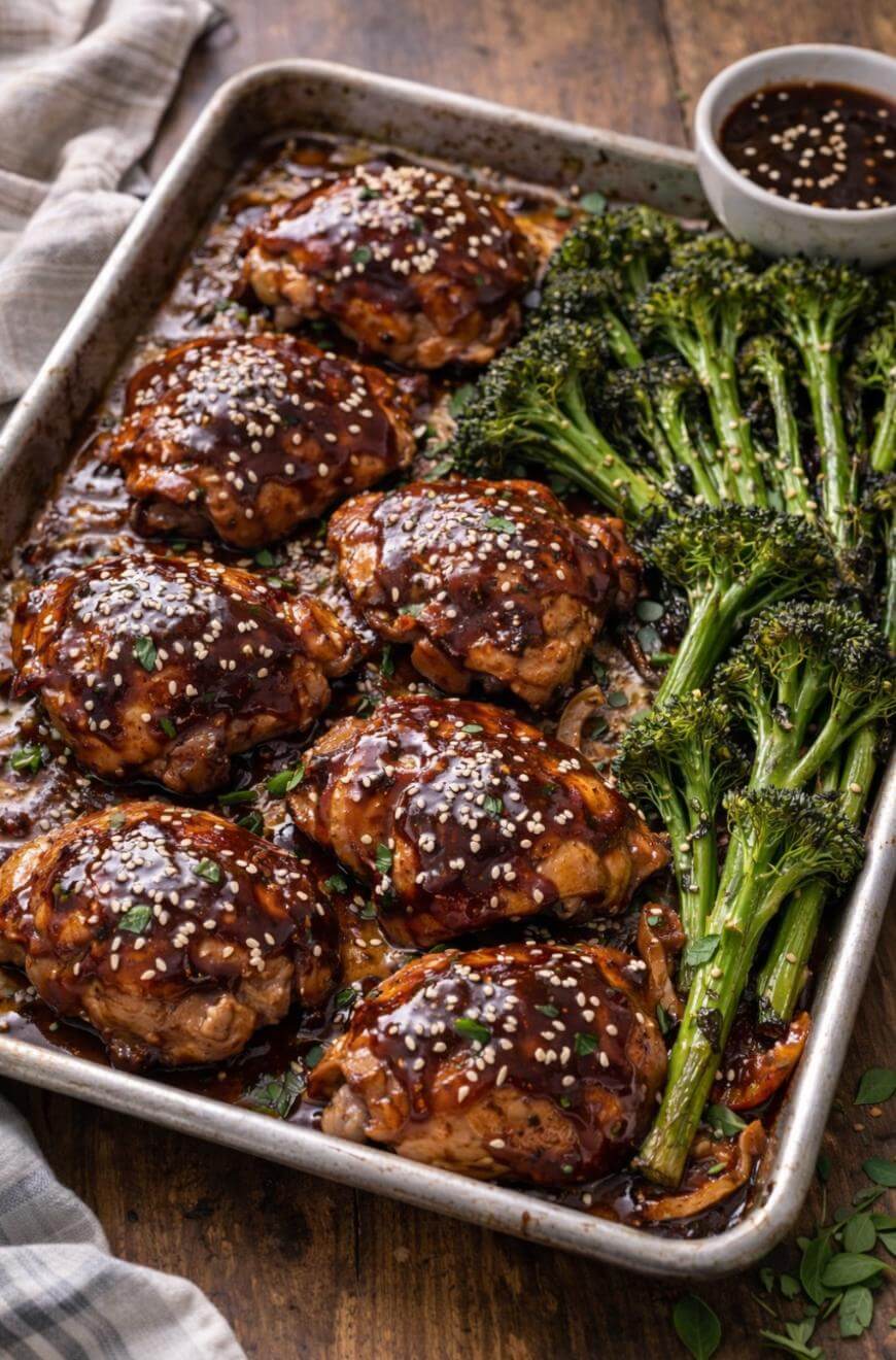 Sheet pan with glazed chicken thighs topped with sesame seeds, roasted broccolini on the side, and a small bowl of dark sauce, all on a wooden table.