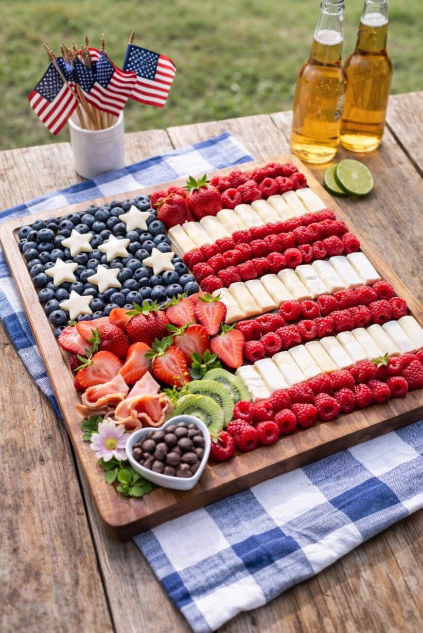 A wooden board displays fruit and cheese arranged as an American flag with blueberries and cheese stars, rows of raspberries and cheese sticks, strawberries, kiwi, a heart-shaped dish of chocolate, and small U.S. flags.