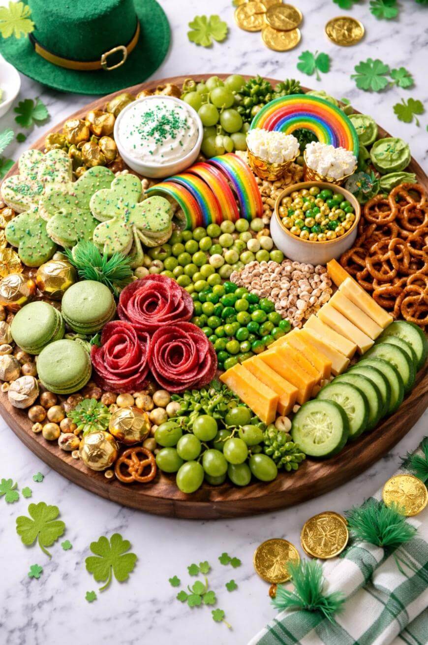 A festive St. Patrick’s Day snack board with shamrock cookies, rainbow candies, cheese, crackers, green grapes, macarons, pretzels, peas, dip, and gold chocolate coins, surrounded by shamrock decorations and a green hat.