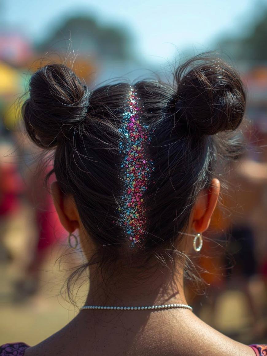 A person with two space buns and colorful glitter on the scalp line, wearing hoop earrings and a beaded necklace, is seen from behind at an outdoor event. The background is blurred with people and trees visible.