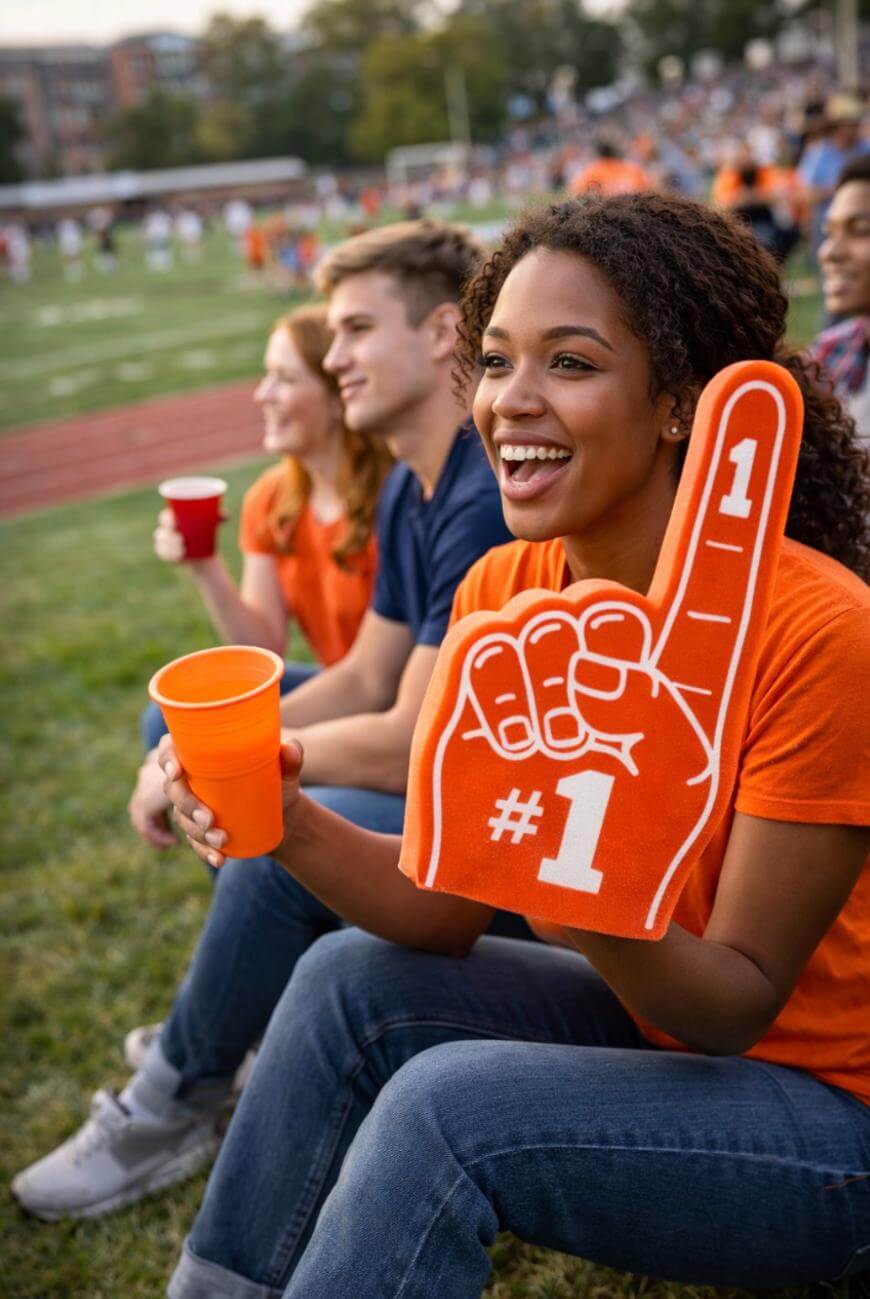 A smiling woman wearing an orange shirt and holding a large #1 foam finger and an orange cup sits in the stands at an outdoor sports event, with other cheering fans around her.