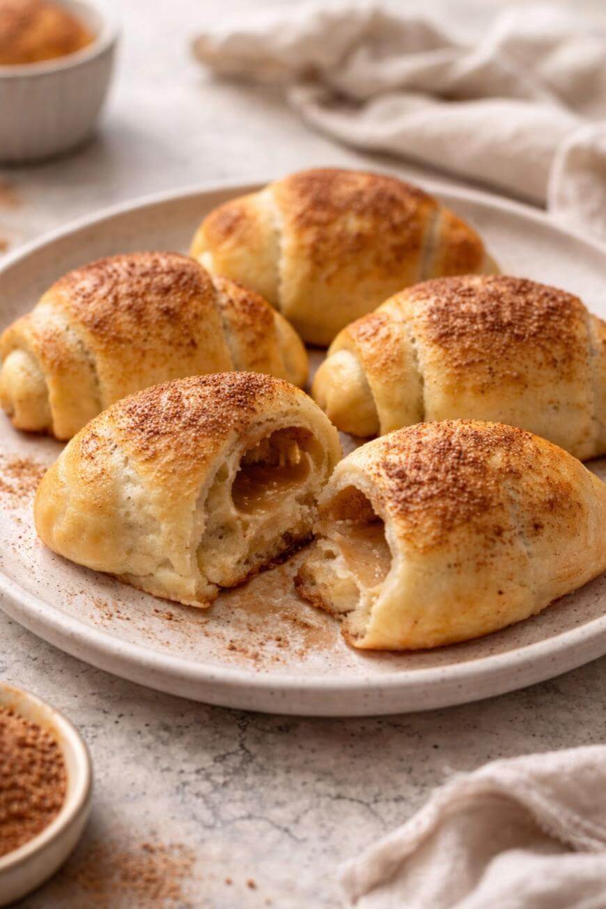 A plate of five golden-brown crescent rolls dusted with cinnamon, one of which is split open to reveal a gooey apple filling. A bowl of cinnamon sugar and a beige cloth are in the background.