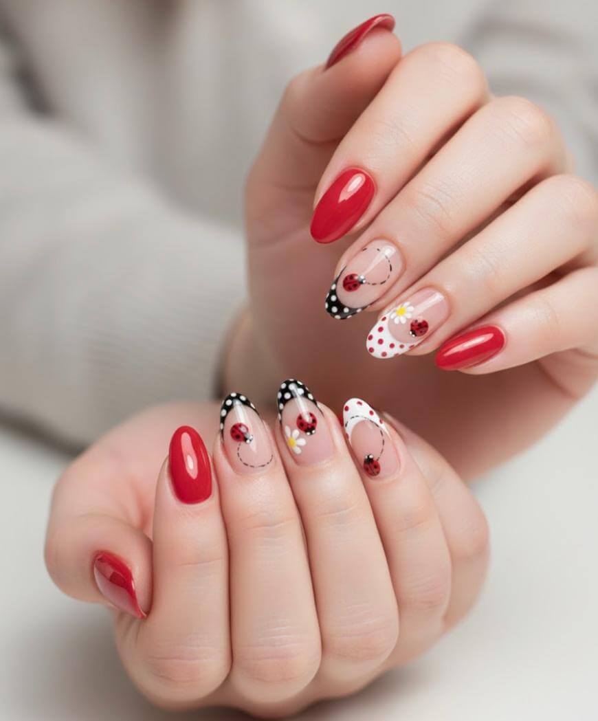 A close-up of hands with manicured nails. The nails feature red polish and playful designs, including ladybugs, polka dots, black tips, and thin line art on a nude base. The person is wearing a light-colored long-sleeve top.