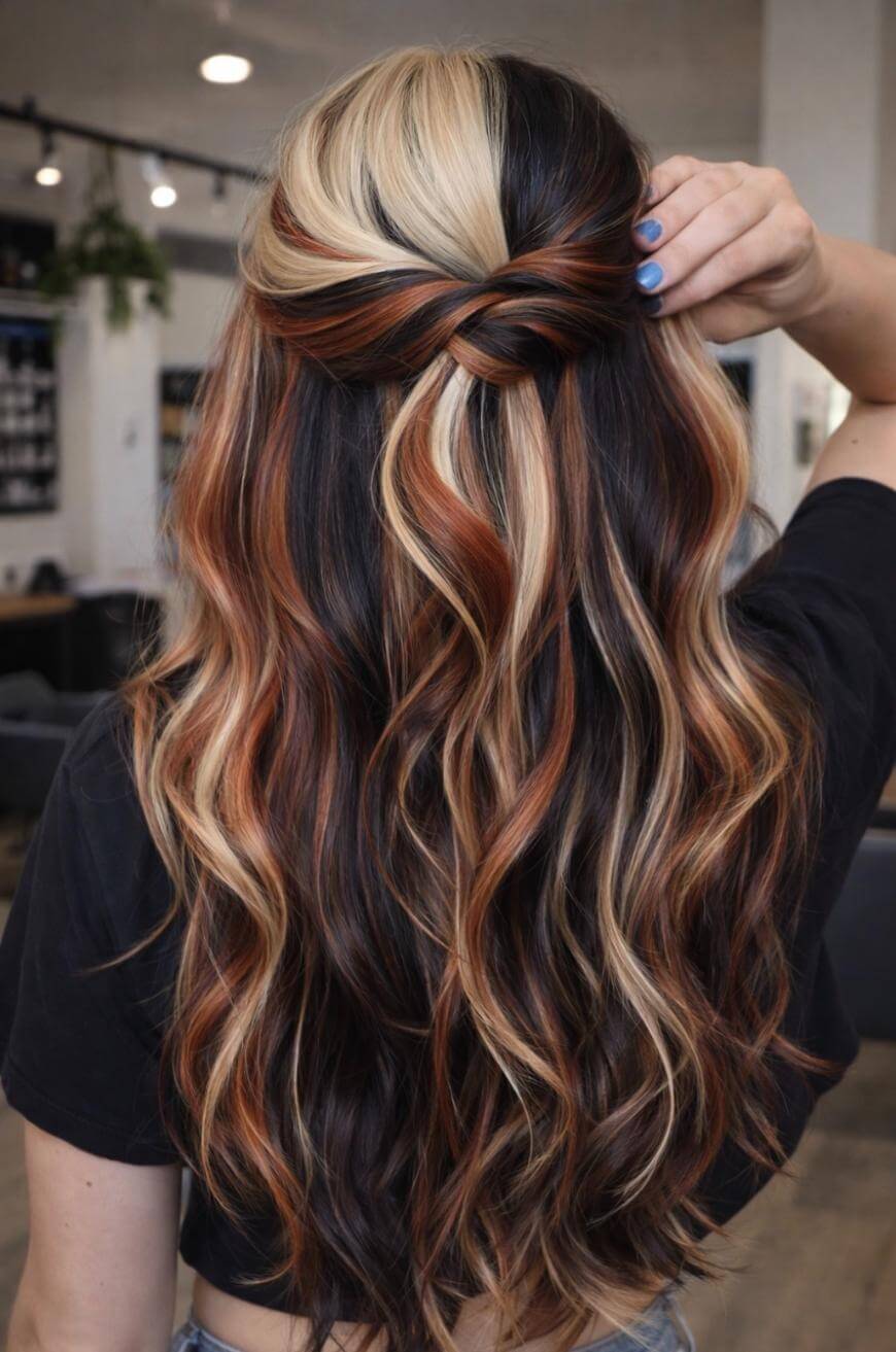 A person with long, wavy hair in black, copper, and platinum blonde tones styled half-up in a twisted knot, showing off distinct highlights and soft curls in a modern salon setting.