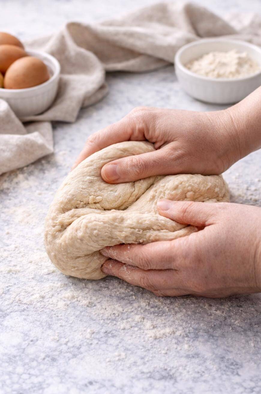Hands kneading a ball of dough on a floured surface, with a bowl of eggs and a bowl of flour in the background.