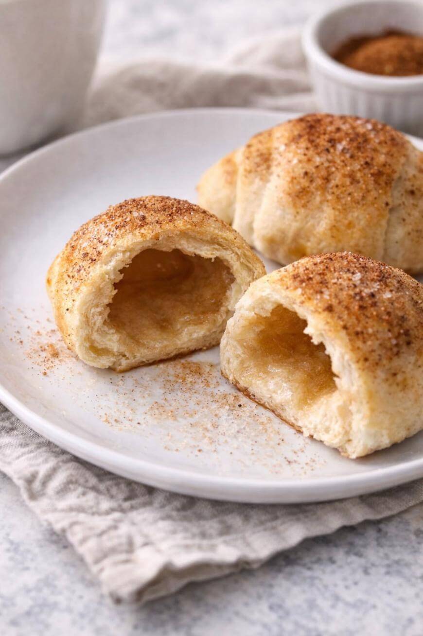 A white plate holds three crescent rolls, two of which are cut open to show their hollow, airy interiors. The rolls are golden brown and sprinkled with cinnamon sugar. A small bowl of cinnamon sugar is in the background.