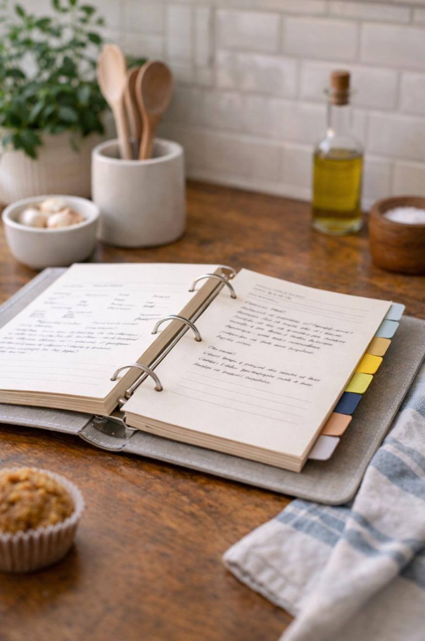 An open recipe binder with handwritten notes sits on a wooden kitchen counter, surrounded by a muffin, kitchen utensils, a bottle of olive oil, a plant, and a blue-striped towel.