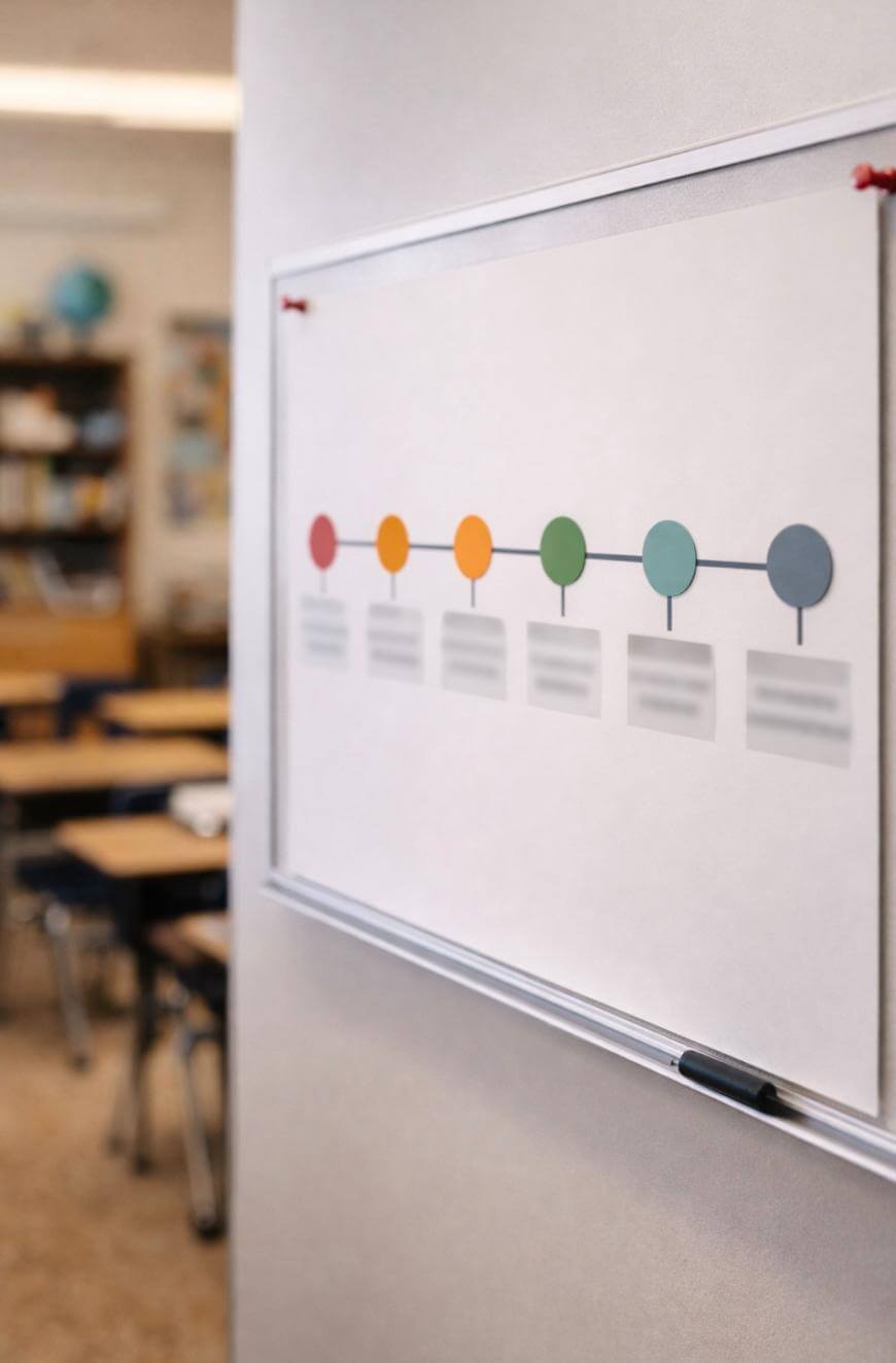 A classroom scene with a whiteboard displaying a colorful horizontal timeline diagram, featuring six connected circles and text boxes, in the foreground. Blurred desks and shelves are visible in the background.