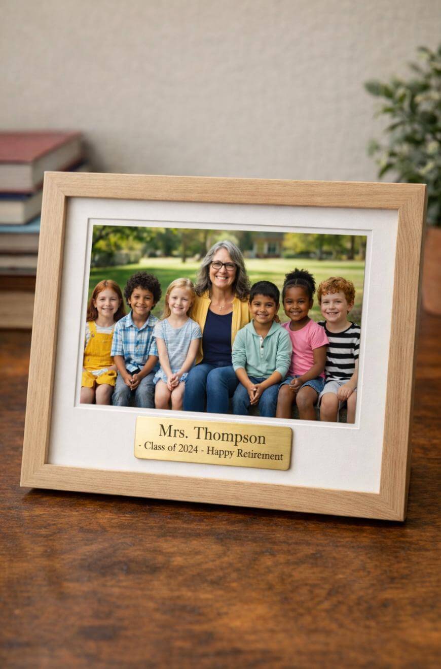 A framed photo of a smiling woman sitting with six children. A plaque below reads, Mrs. Thompson - Class of 2024 - Happy Retirement. The frame is on a wooden table with books and a plant in the background.