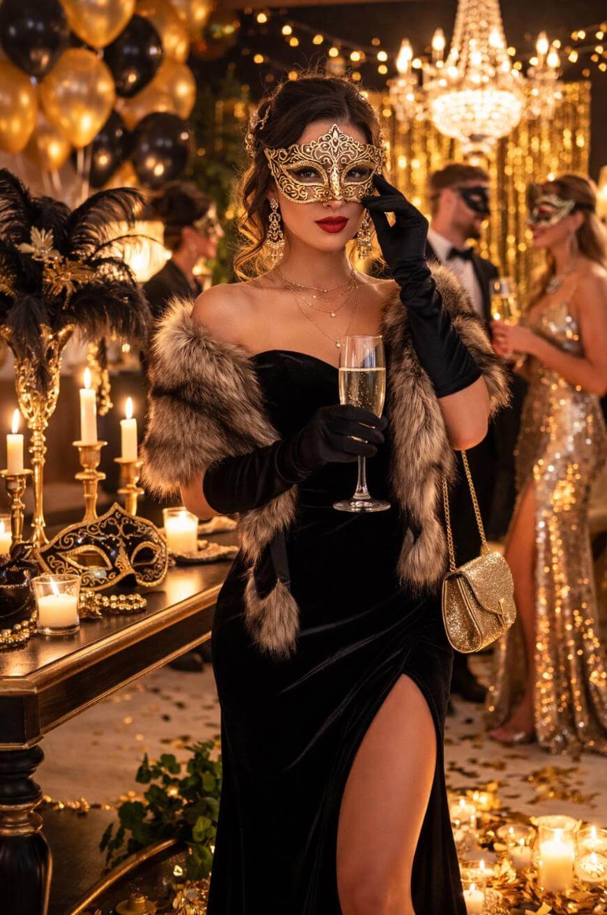 A woman in an elegant masquerade mask and black gown holds a glass of champagne at a lavish, gold-decorated party with candles, balloons, and other masked guests in the background.