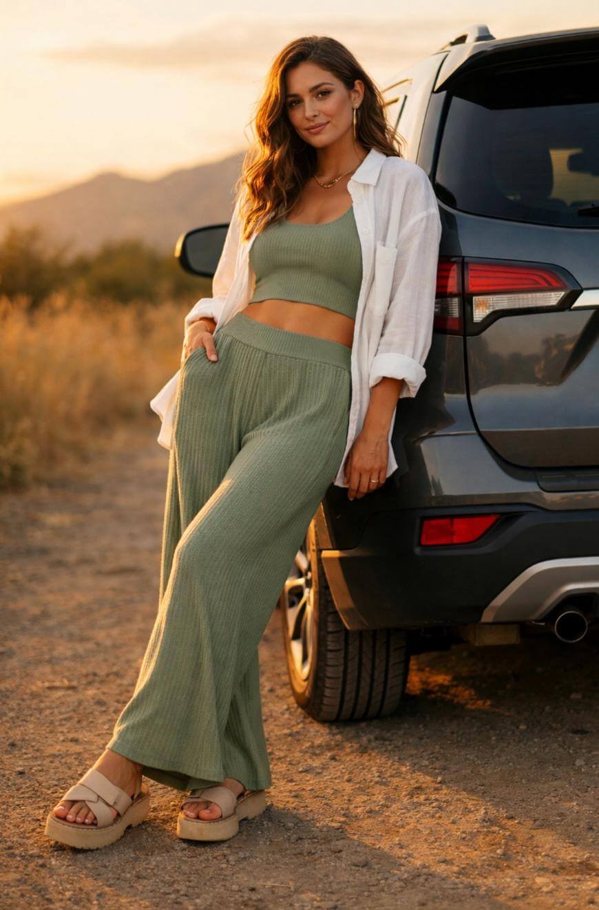 A woman in a light green crop top and matching wide-leg pants, with a white shirt over her shoulders, stands leaning against a parked car outdoors at sunset. She is wearing beige sandals and smiling slightly.