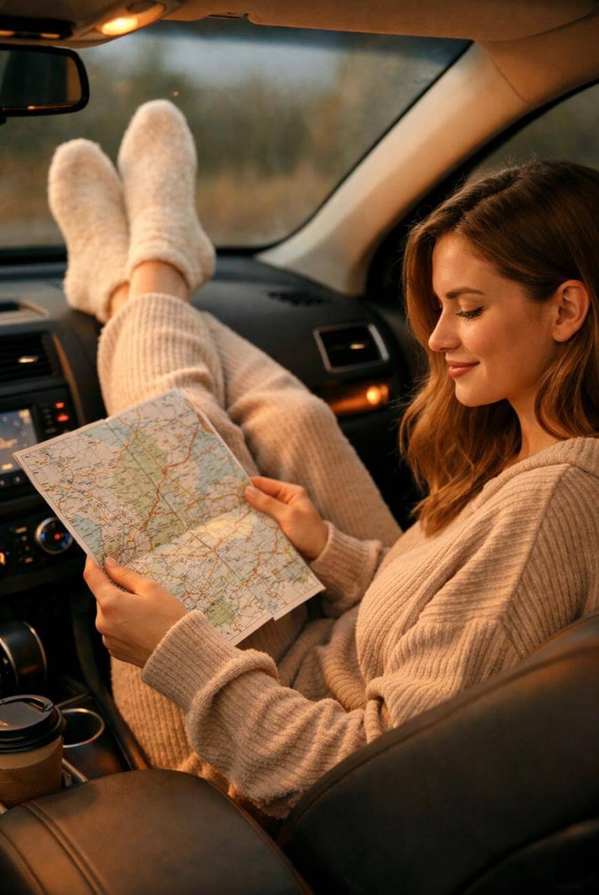 A woman in cozy clothes sits in a car with her feet on the dashboard, smiling while looking at a map. A takeaway coffee cup is beside her, and the car interior is warmly lit.