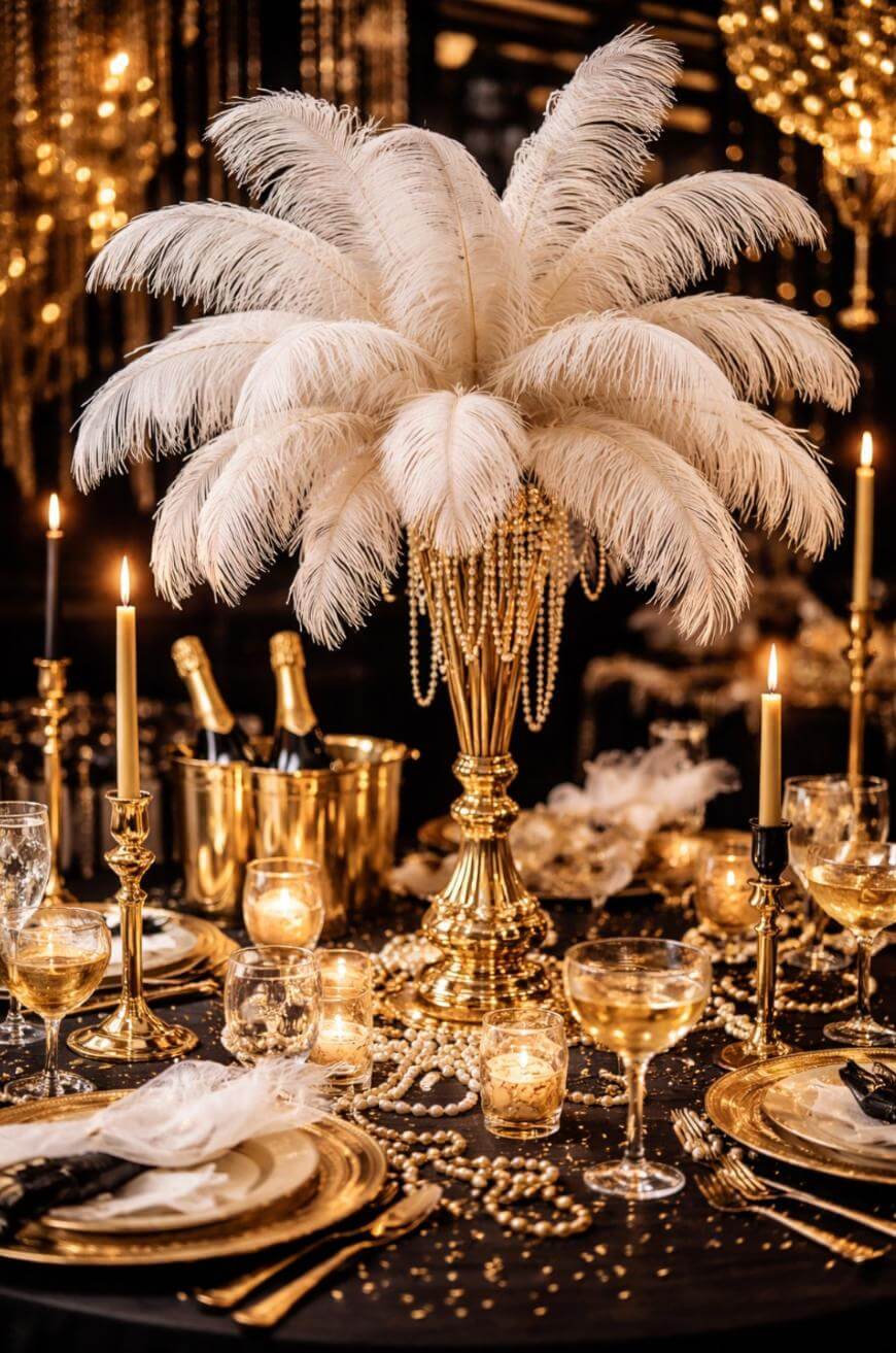 Elegant dinner table set with gold plates, crystal glasses, and candles. A tall centerpiece with white ostrich feathers, gold beads, and a gold base decorates the table. Two champagne bottles chill in an ice bucket nearby.