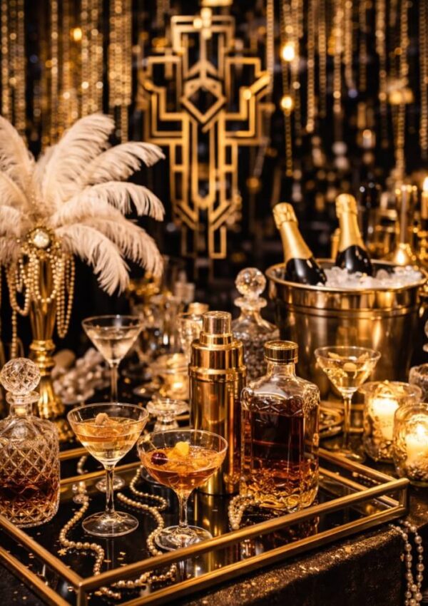 A glamorous 1920s-themed party table with crystal decanters, cocktail glasses, champagne bottles in an ice bucket, candles, gold decorations, strings of pearls, and white ostrich feathers.