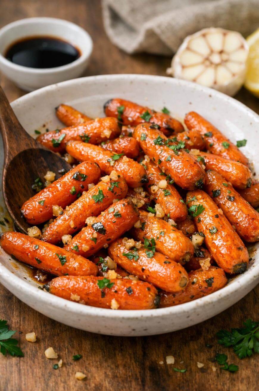 A white bowl filled with roasted baby carrots garnished with chopped herbs and minced garlic, with a wooden spoon resting inside. A halved garlic bulb and a small bowl of sauce are in the background.