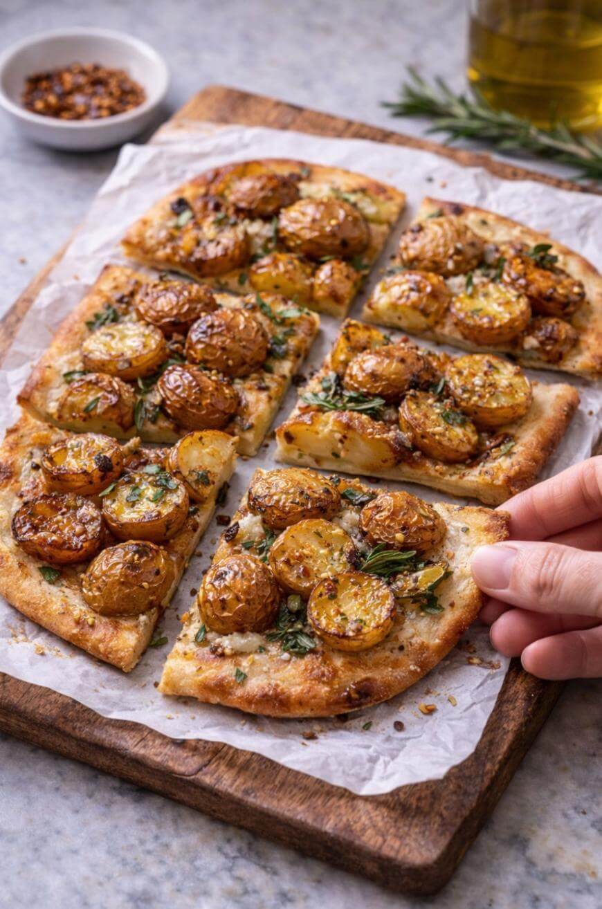 A rectangular flatbread topped with roasted baby potatoes, herbs, and spices is sliced into six pieces on a wooden board. A hand is lifting one slice. A bowl of chili flakes and a jar of olive oil are in the background.