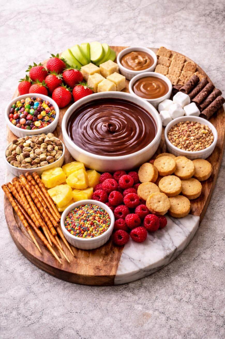 A wooden serving board with a large bowl of chocolate fondue in the center, surrounded by strawberries, apple slices, pineapple, raspberries, cookies, pretzel sticks, marshmallows, graham crackers, and assorted candies.