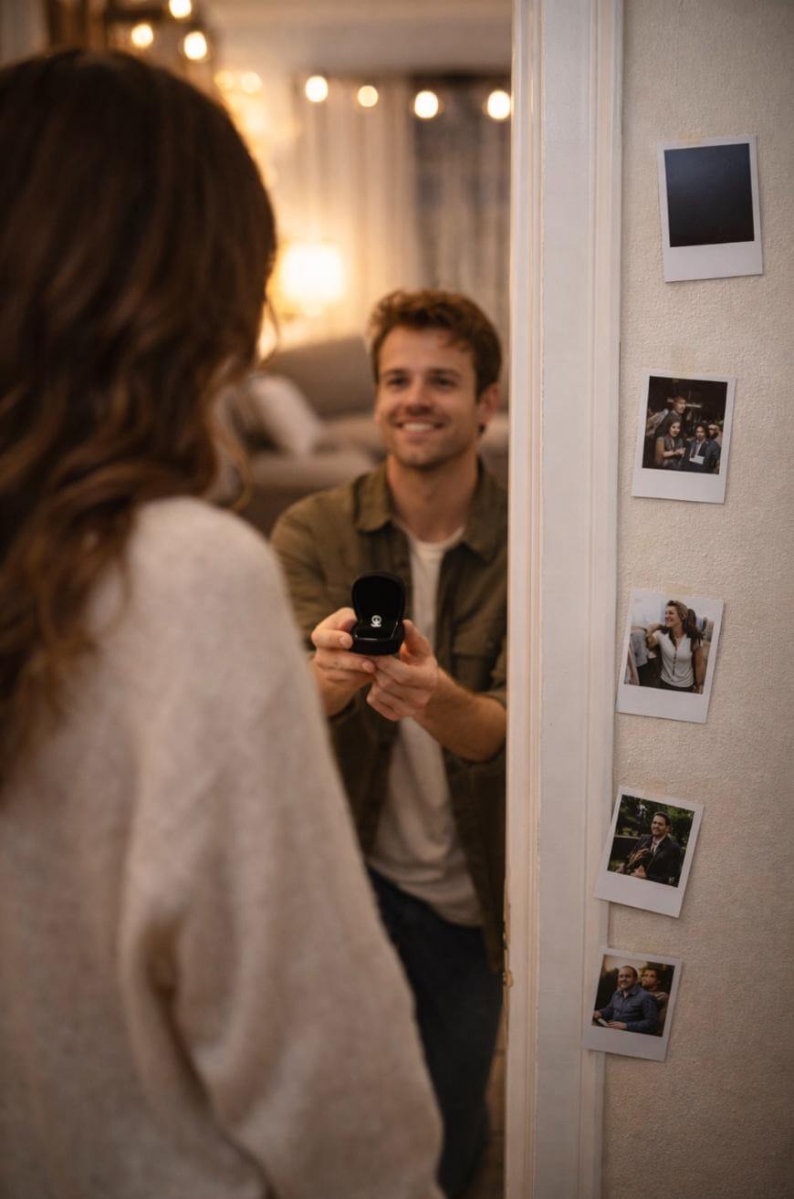 A man kneels and holds out an open ring box, proposing to a woman indoors. The woman faces him, and several personal photos are displayed on the wall beside them. The setting is warmly lit and cozy.
