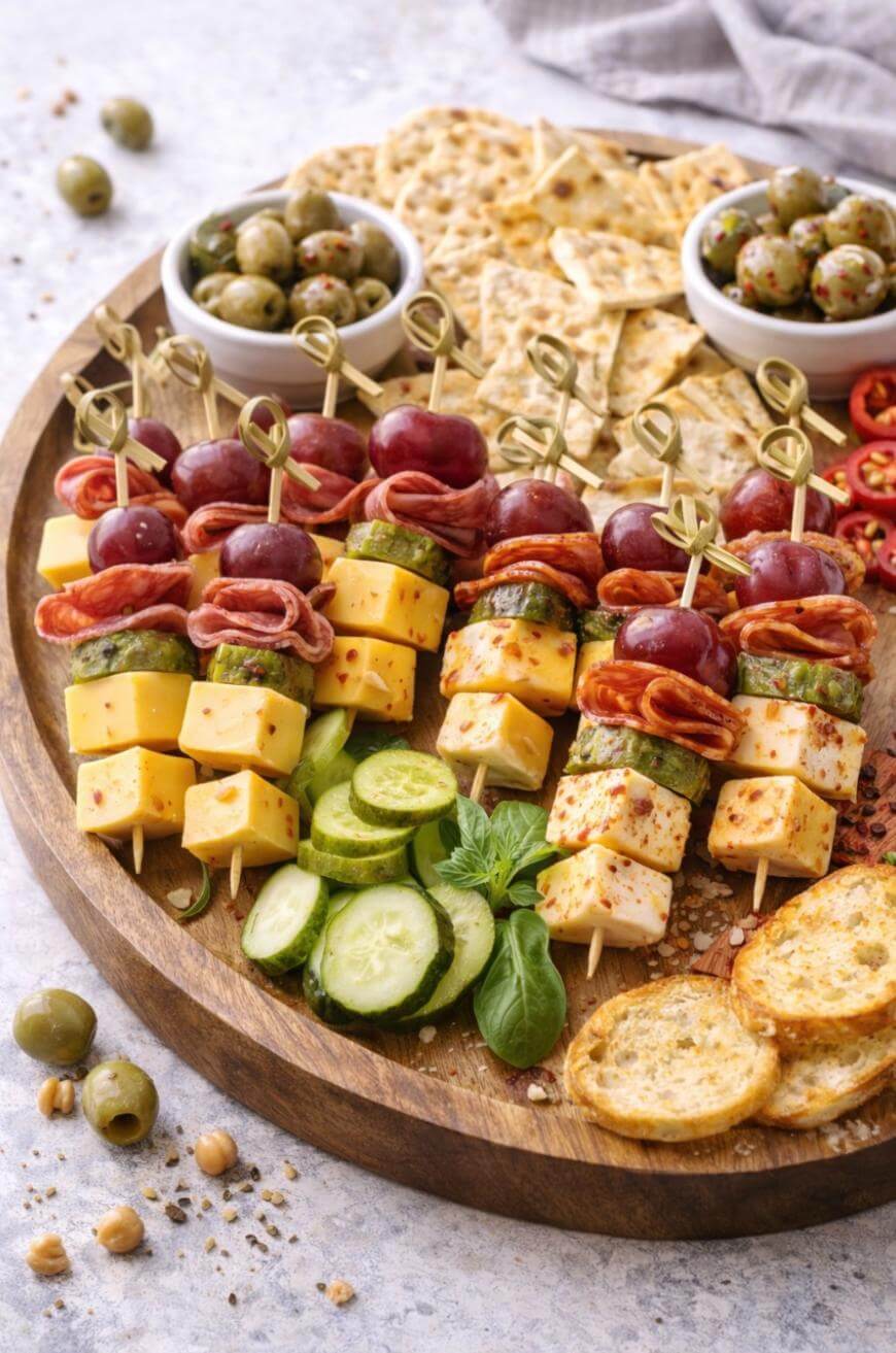 A wooden platter with skewers of cheese cubes, salami, grapes, and cucumber slices, surrounded by crackers, green olives in bowls, sliced cucumbers, and crostini.