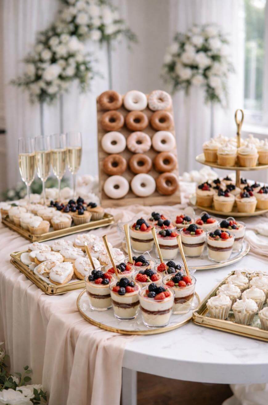 A dessert table with parfait cups topped with berries, stacked donuts, cupcakes, pastries, and glasses of champagne, all arranged on elegant plates with floral decorations in the background.