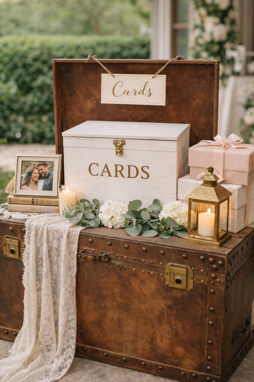A rustic wedding card table with a vintage trunk, white card box, framed couple photo, candles, flowers, lace cloth, gold lantern, and wrapped gifts, set outdoors with greenery in the background.