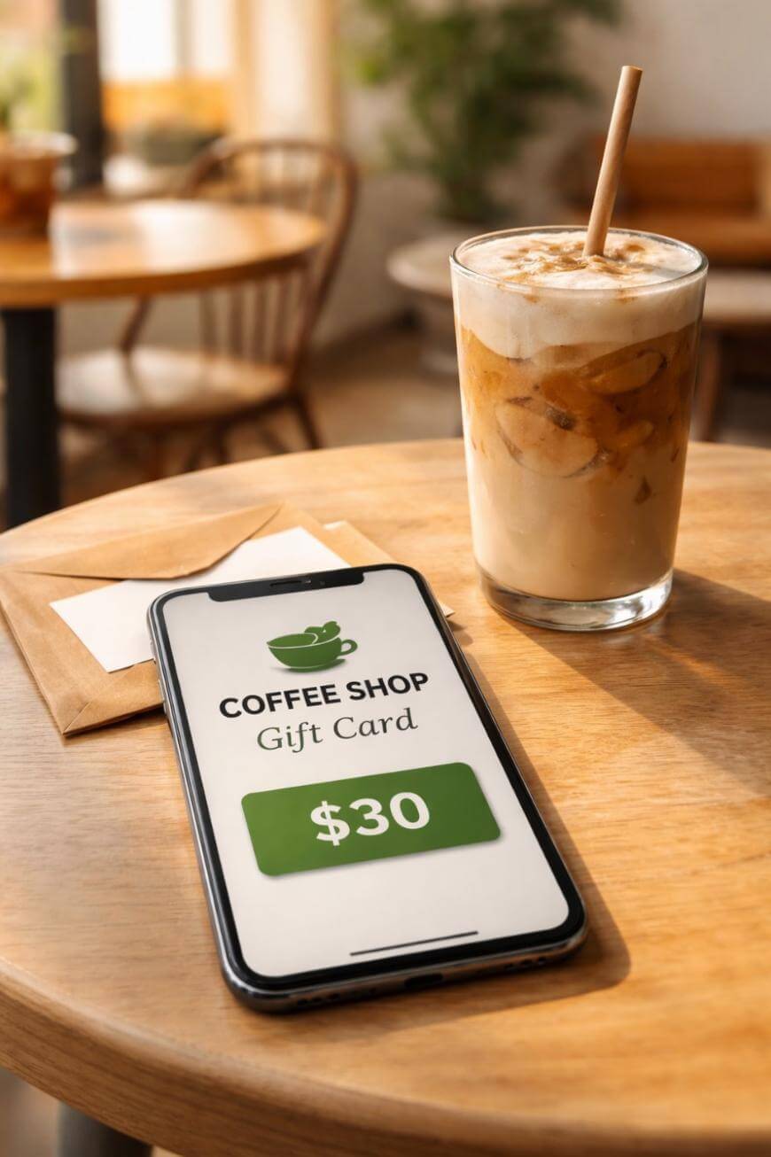 A smartphone displaying a digital coffee shop gift card worth $30 sits on a wooden table next to an iced coffee with a straw and a beige envelope. Chairs and a plant are visible in the blurred background.