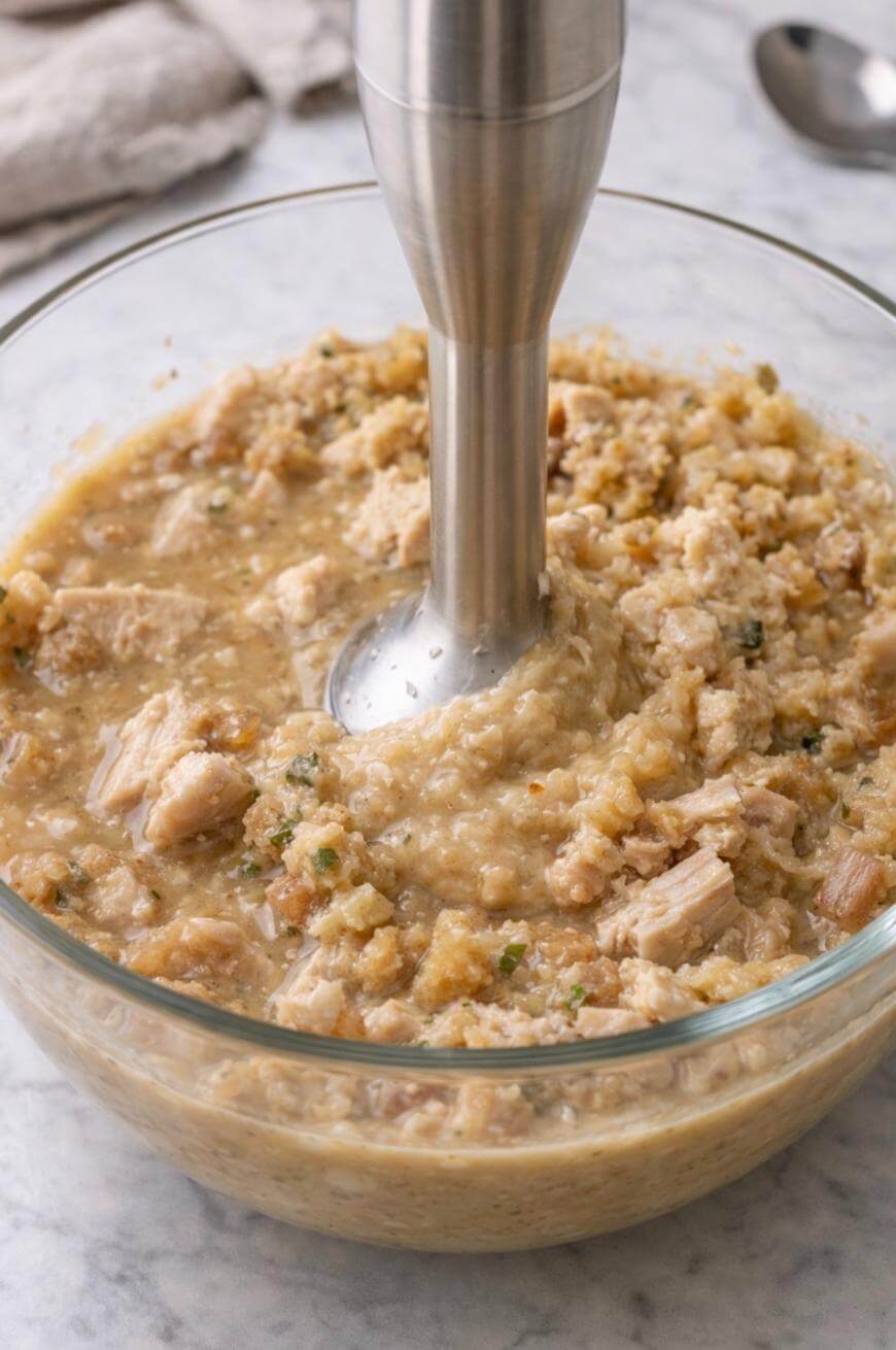 A handheld immersion blender is mixing a chunky, beige mixture with visible pieces of meat and herbs in a glass bowl on a light-colored countertop.