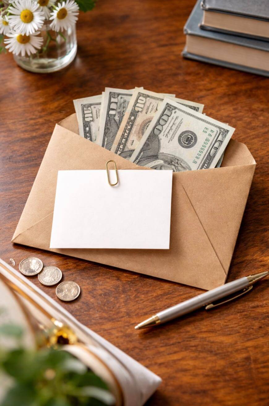 A brown envelope filled with U.S. dollar bills and a blank card clipped to it sits on a wooden table, surrounded by coins, a pen, books, and a small vase of white flowers.