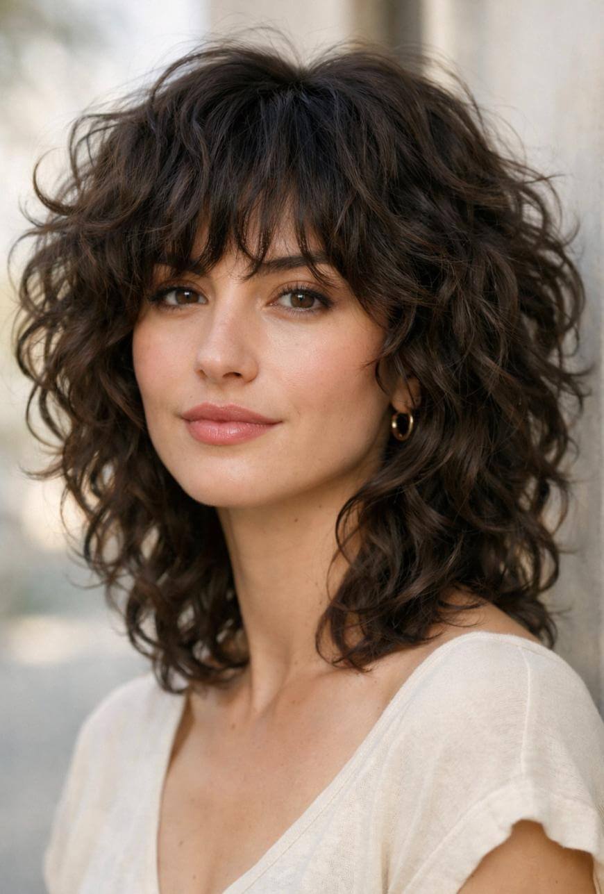 A woman with medium-length, dark brown curly hair and bangs, wearing a light-colored top and small hoop earrings, looks at the camera with a gentle smile, standing outdoors in soft natural light.