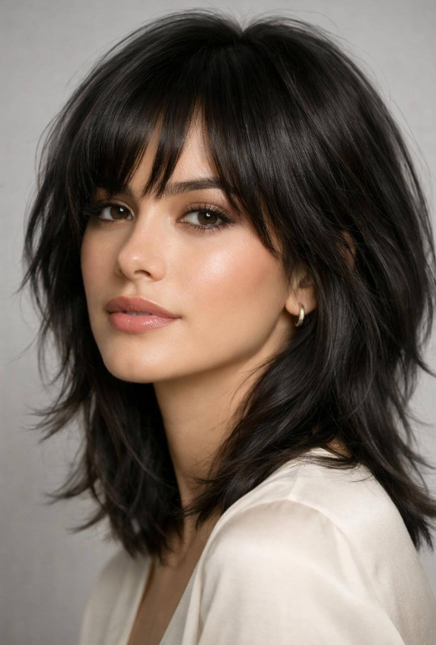 A woman with medium-length, layered dark hair and wispy bangs looks at the camera. She has smooth skin, natural makeup, and wears a light-colored top. The background is plain and neutral.