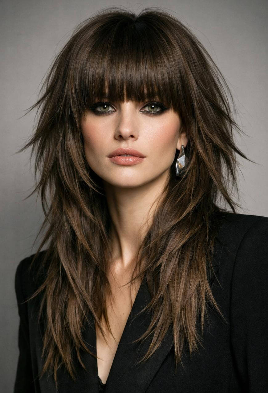 Woman with layered, shaggy brown hair and blunt bangs, wearing a black blazer and geometric silver earrings, poses against a neutral gray background with a confident expression.