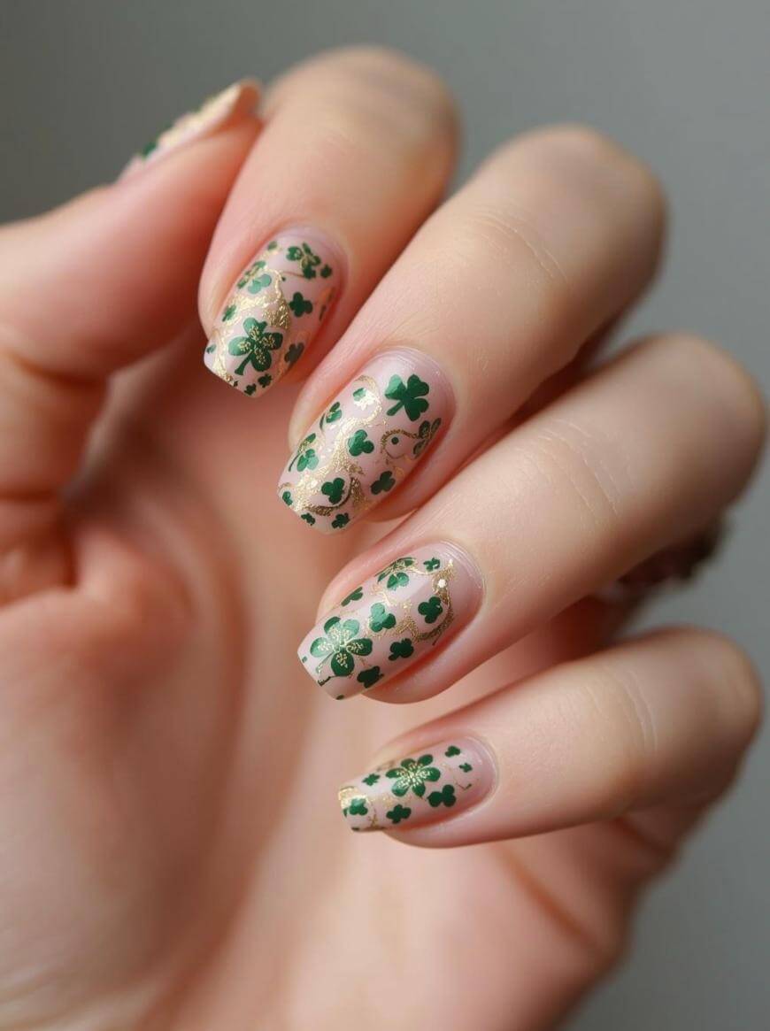 A hand with manicured nails featuring a nude base color and green shamrock designs, creating a festive and decorative look.