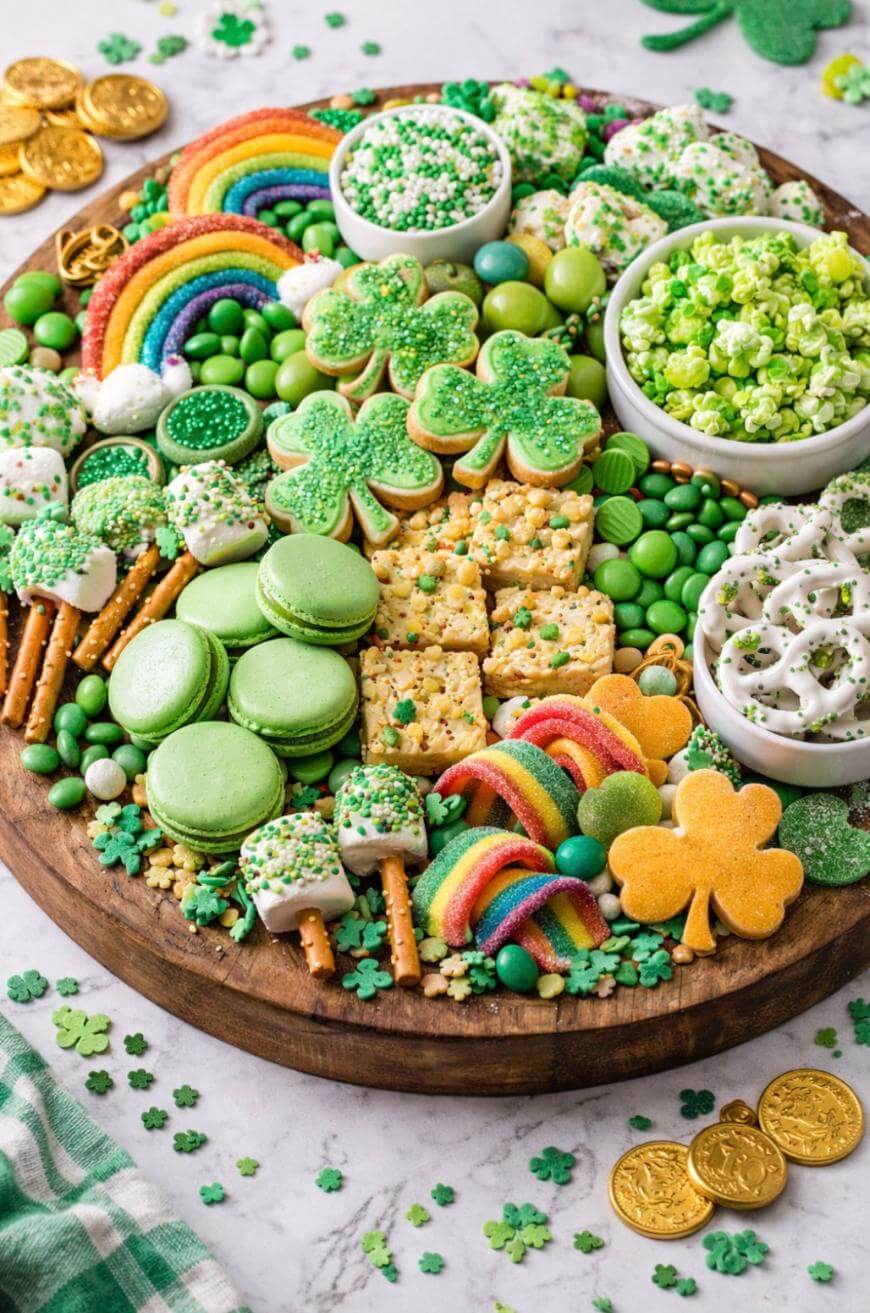 A round wooden platter filled with St. Patrick’s Day treats, including shamrock-shaped cookies, green macarons, popcorn, chocolate coins, rice krispie treats, rainbow candies, pretzels, and green candies.