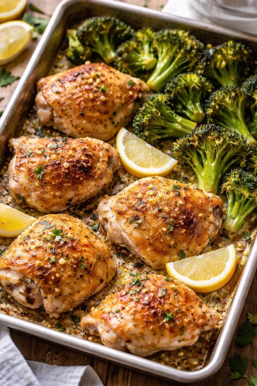 A baking tray with five seasoned, roasted chicken thighs and several pieces of roasted broccoli, garnished with chopped herbs and lemon wedges.