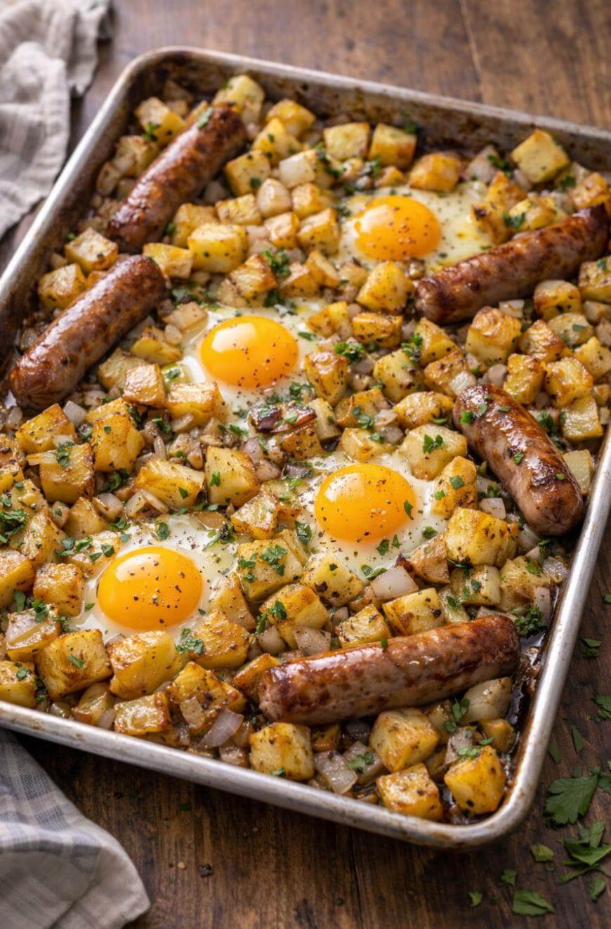 A sheet pan filled with roasted diced potatoes, four sunny-side-up eggs, and four browned sausages, garnished with chopped parsley, on a wooden table.
