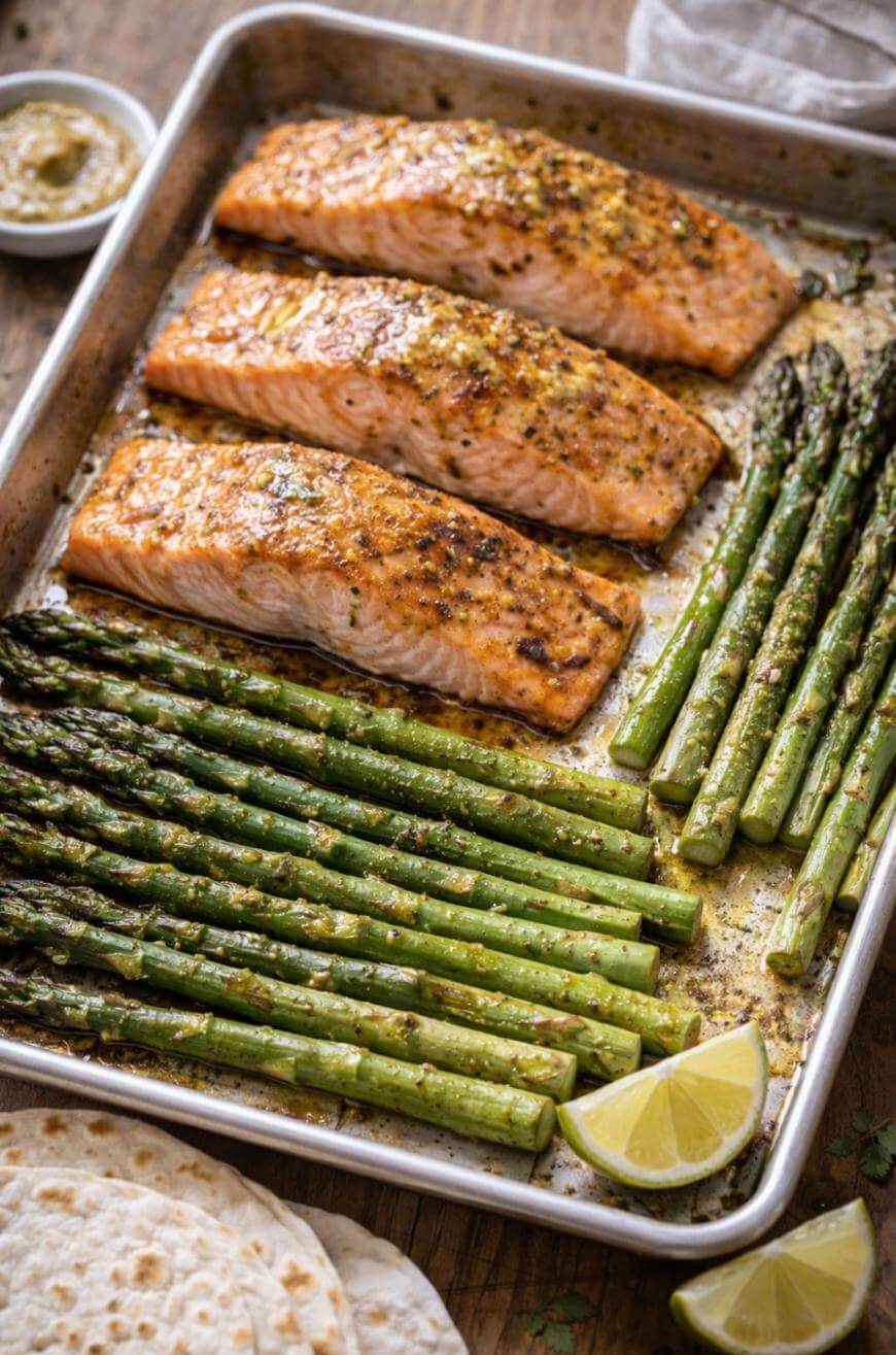 Three baked salmon fillets and roasted asparagus spears arranged on a baking sheet, garnished with herbs. Lemon wedges are placed in the corner, with tortillas and a small dish of sauce nearby.