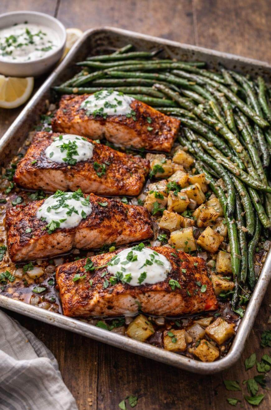 A sheet pan with four seasoned salmon fillets topped with creamy sauce, surrounded by roasted green beans and diced potatoes, garnished with chopped herbs. A small bowl of sauce and a lemon wedge sit nearby.