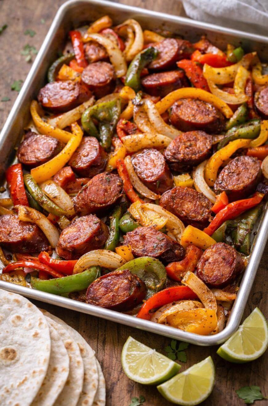 A sheet pan filled with roasted sliced sausage, red, yellow, and green bell peppers, and onions. Next to the pan are flour tortillas and lime wedges on a rustic wooden surface.