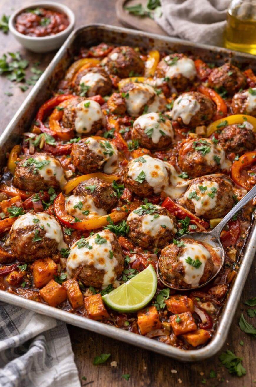 Sheet pan filled with baked meatballs topped with melted cheese, surrounded by roasted bell peppers, sweet potatoes, and herbs. A serving spoon and lime wedges are on the pan, with salsa and parsley in the background.