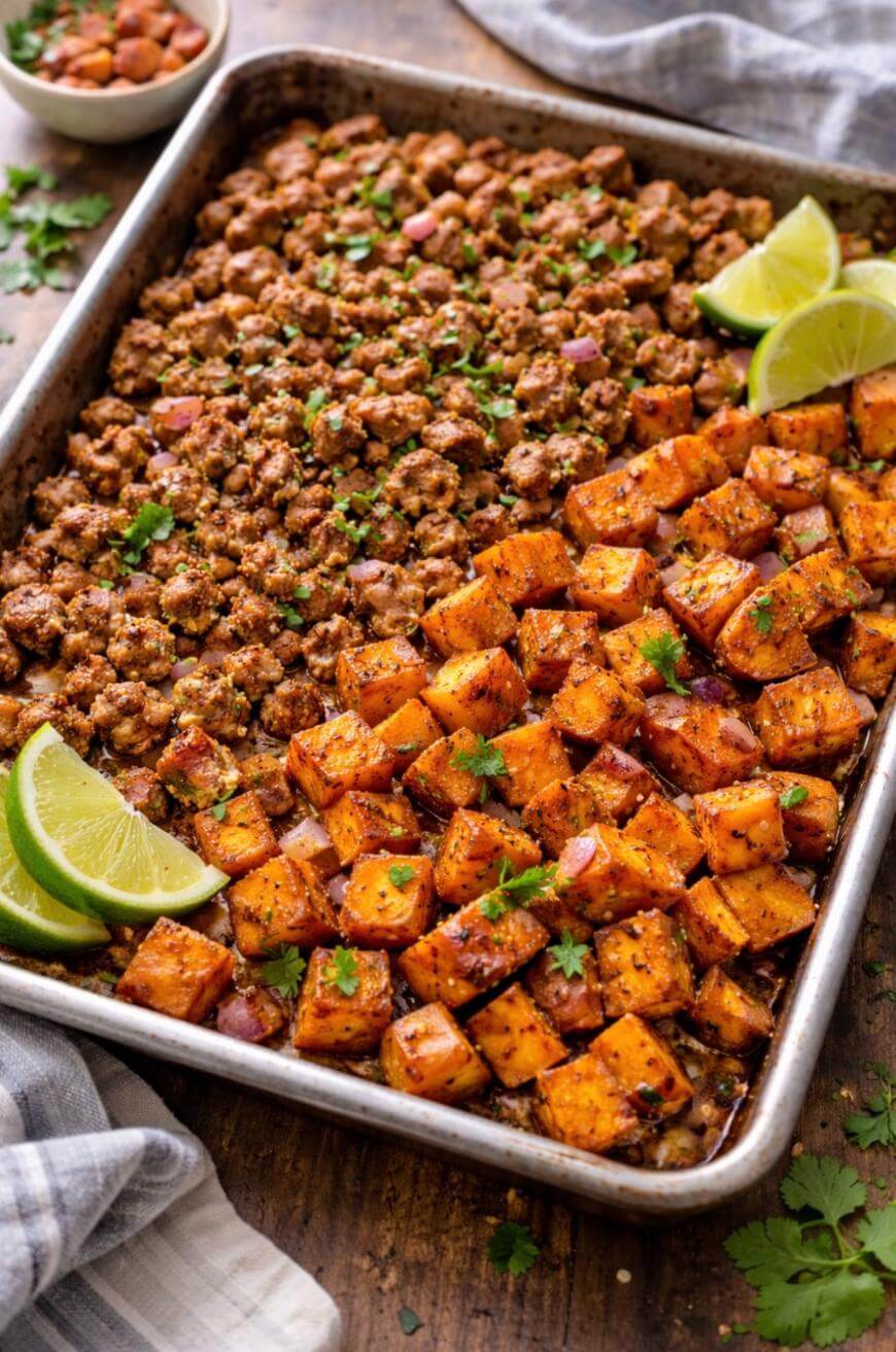 A sheet pan filled with spiced ground meat and roasted sweet potato cubes, garnished with fresh cilantro and lime wedges. A bowl of salsa and a gray cloth napkin are nearby on a wooden surface.