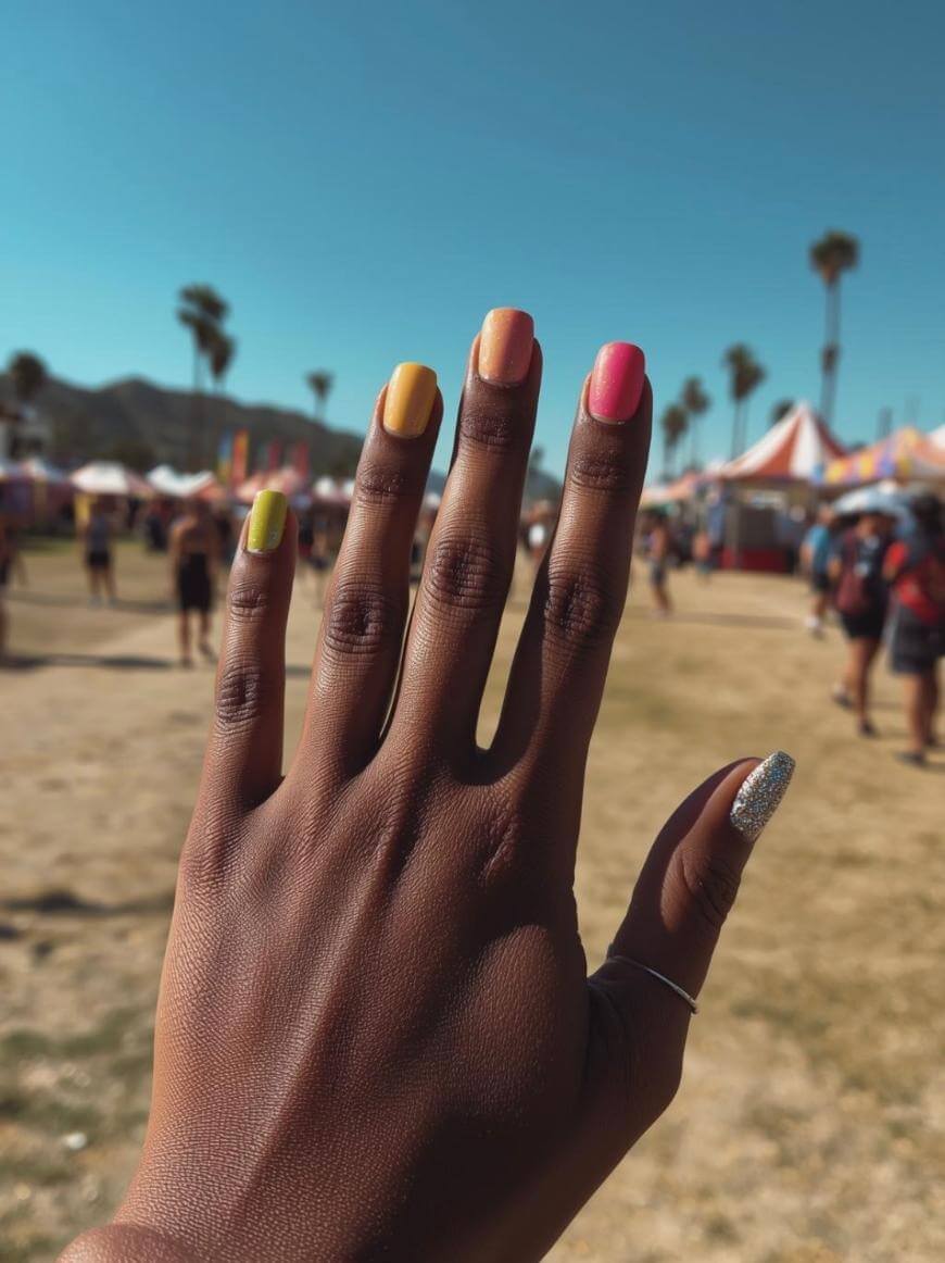A hand with multicolored nails (yellow, orange, pink, and silver) is held up against a sunny outdoor festival scene with palm trees, tents, and people in the background.
