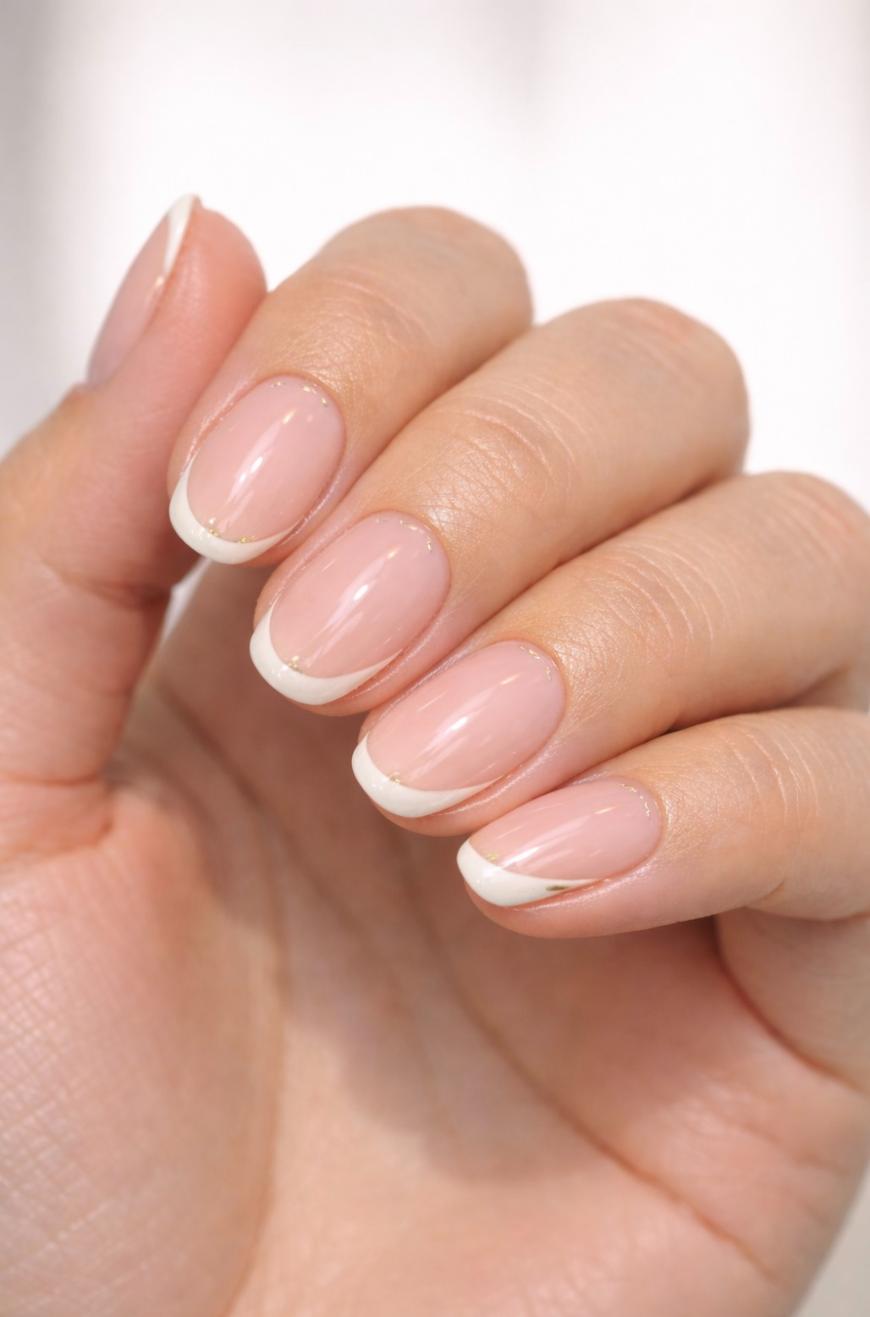 A hand with neatly manicured nails featuring a classic French manicure with natural pink bases and thin white tips.