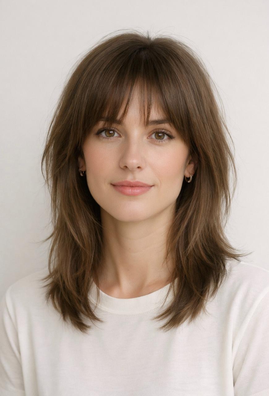 A young woman with straight, medium-length brown hair and curtain bangs, wearing a white top and small hoop earrings, poses against a plain light background with a soft smile.