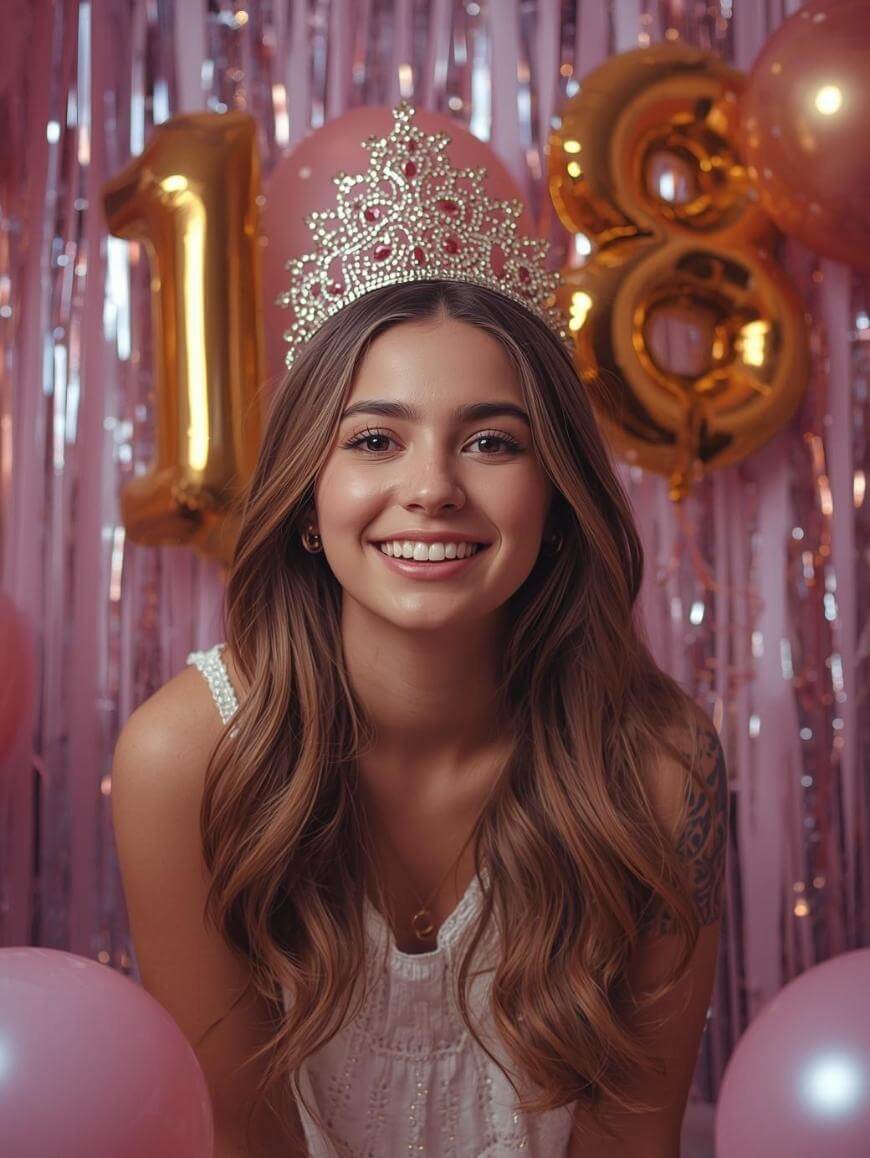A young woman wearing a tiara smiles at the camera, surrounded by pink balloons and shiny gold balloons shaped as the number 18, with pink streamers in the background, celebrating her 18th birthday.