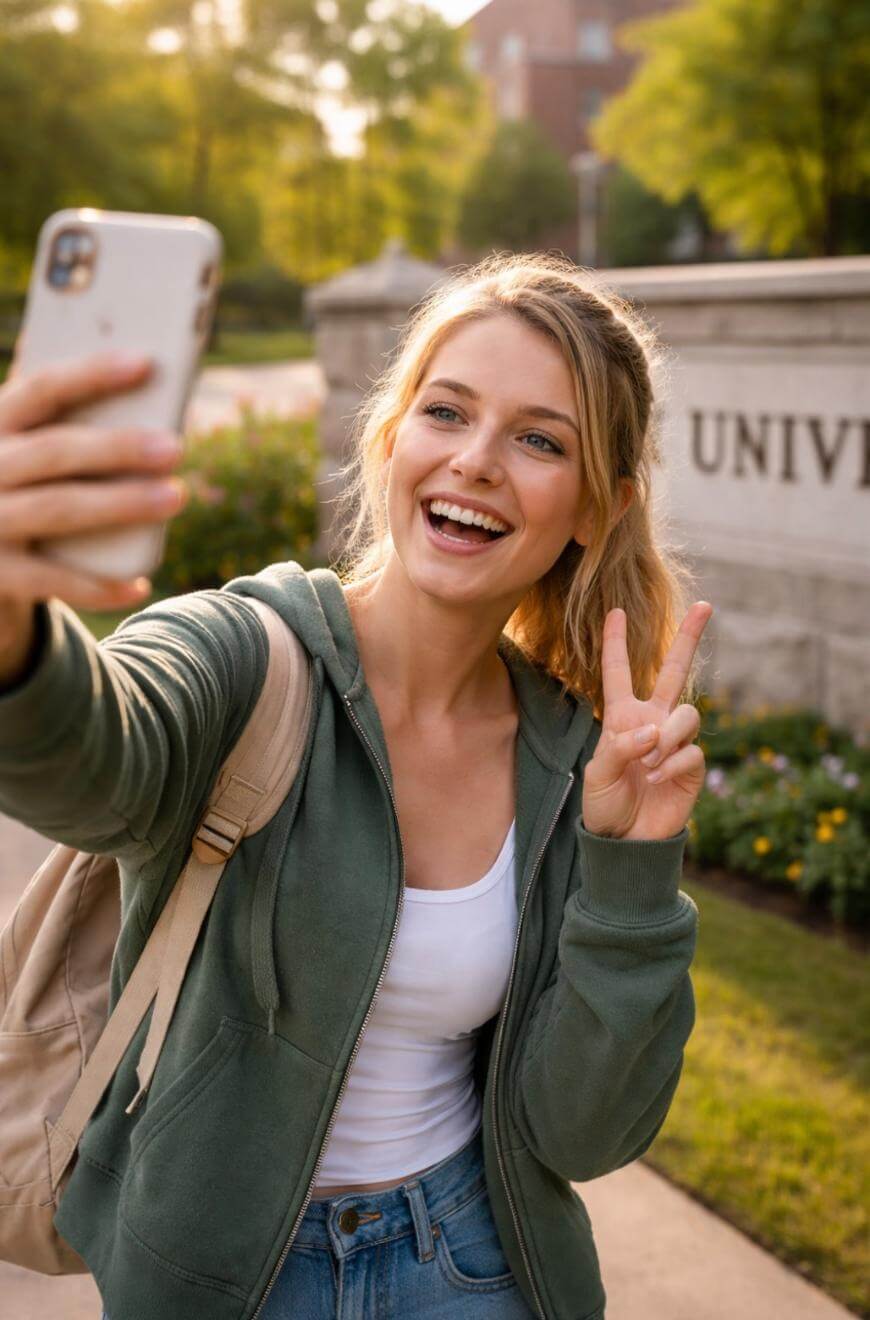 A young woman smiles and makes a peace sign while taking a selfie outside on a sunny day, wearing a backpack and casual clothes, with a university sign visible in the background.
