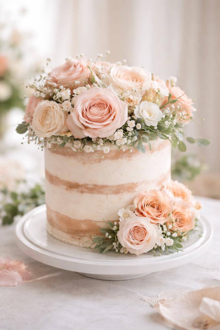 A semi-naked cake decorated with peach and cream roses, babys breath, and greenery, displayed on a white cake stand in a softly lit setting.