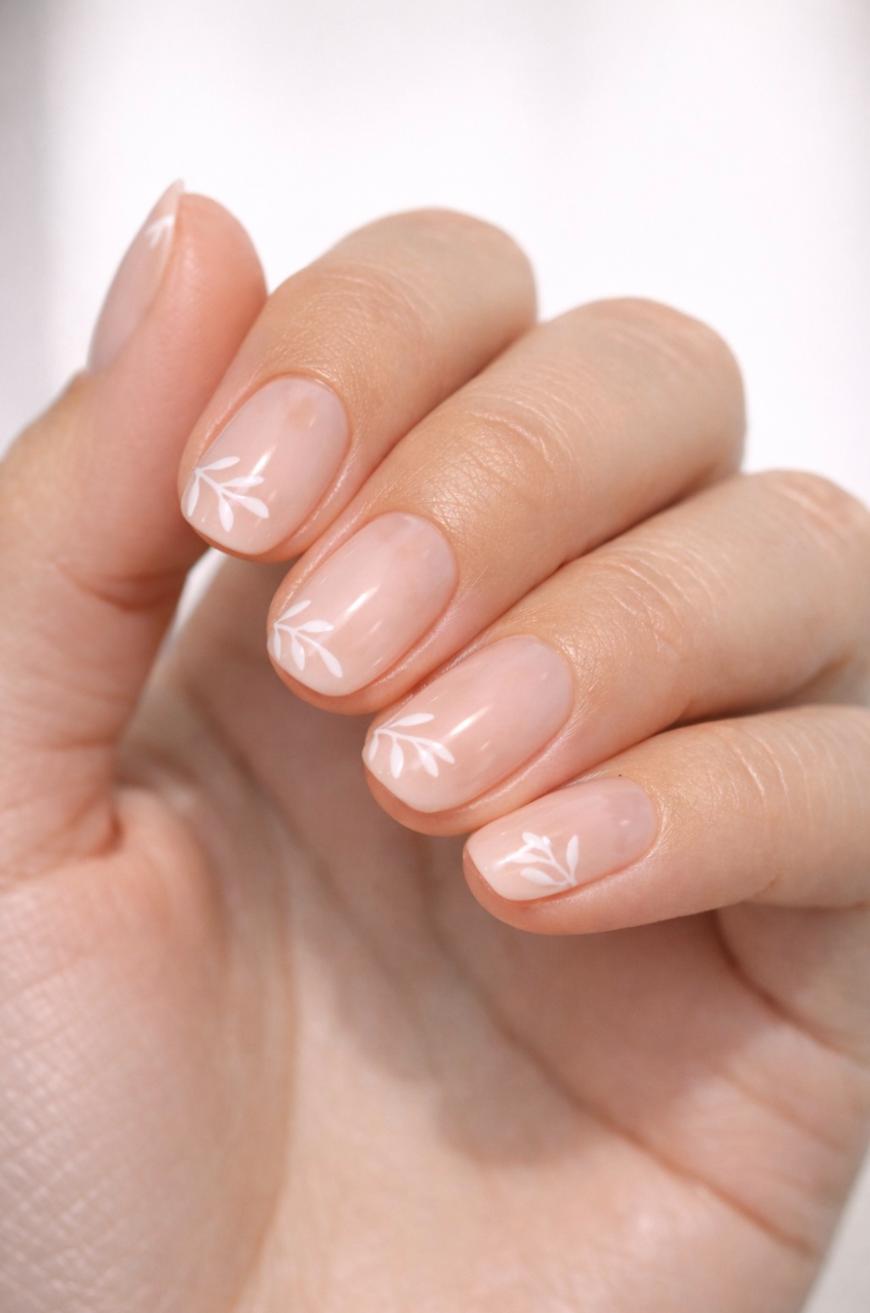 A close-up of a hand with short, natural nails featuring a nude base and simple white leaf designs near the tips of each nail.