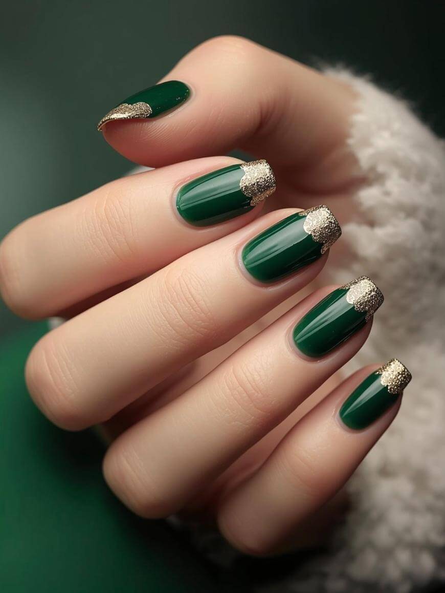 A close-up of a hand with manicured nails painted dark green, each one featuring a shiny gold accent at the base and tips, against a soft furry background.