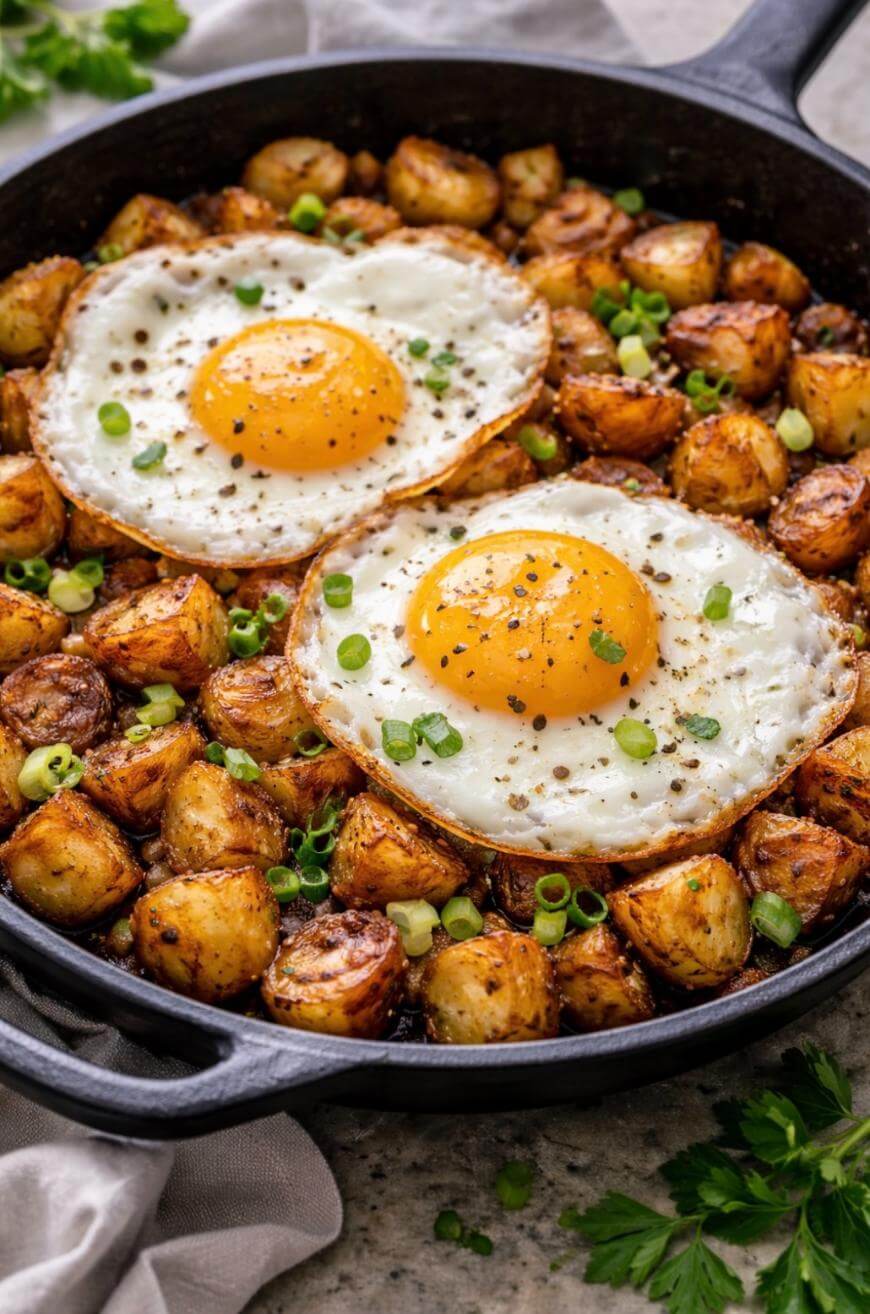 A cast iron skillet filled with crispy roasted potatoes topped with two sunny-side-up eggs, garnished with chopped green onions and black pepper. Fresh parsley and a napkin are nearby.